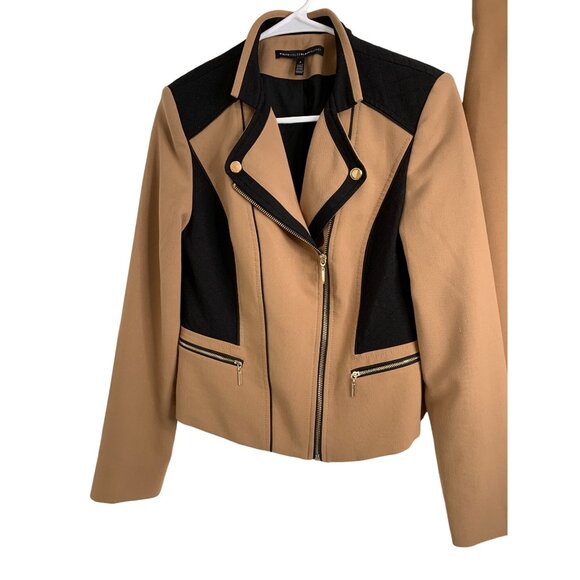 Womens Skirt Suit WHBM Color Block Asym Zip Detail Midi Length Tan Sz 4 7047 - Picture 2 of 11